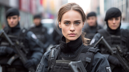 police officers in full gear and uniform with safety protective gear and bulletproof vests in a team and squad than a dozen police officers, in a city on a street