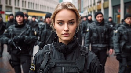 Fototapeta premium police officers in full gear and uniform with safety protective gear and bulletproof vests in a team and squad than a dozen police officers, in a city on a street