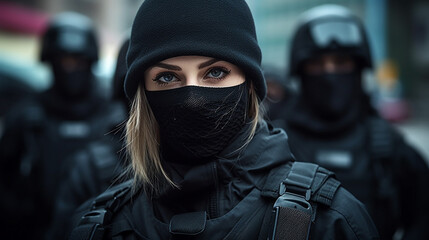 special police or army unit in black clothes and partially masked, caucasian woman, fictional location, secret agents or police officers, body armor, young adult woman