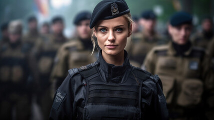 Army officer, soldier or special police or army unit in black clothes and partially masked, caucasian woman, fictional location, secret agents or police officers, body armor, young adult woman - obrazy, fototapety, plakaty