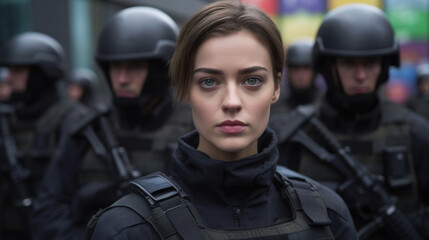 Fototapeta premium special police or army unit in black clothes and partially masked, caucasian woman, fictional location, secret agents or police officers, body armor, young adult woman