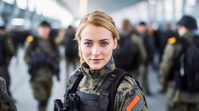 young adult woman, army soldier, fictional location and affiliation, helmet and backpack and green military uniform, soldiers in background, preparations for war mission