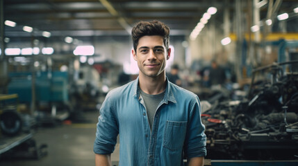 Fototapeta na wymiar young adult caucasian male, 30s, in a workshop or production hall, happy in job, mechanic or industry