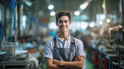 young adult multiracial multiethnic or hispanic woman in a production hall or warehouse with many employees and work tables with electronics, working