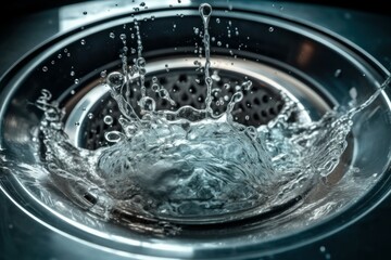 Washing machine drum with clean water flow and splashes. Laundry, washing powder concept. AI generated, human enhanced