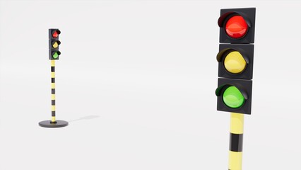 two traffic lights on white stage, signaling and traffic theme, 3d rendering