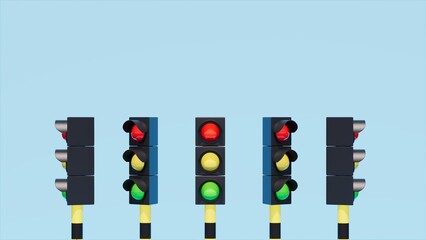 five traffic lights in a row and in different views, blue environment, 3d rendering