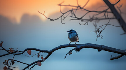 A bird on a branch at dawn. Generative AI.