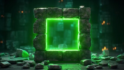 3d render, abstract neon green background with glowing square frame and cobblestone rocks ruins. Generative ai