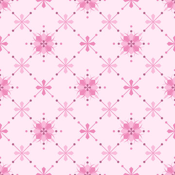 In this seamless pattern, pink flowers on dark and light gradation. Decorated with pink circle dots around it. Arranged alternately with small pink flowers on a light pink background, looking sweet.