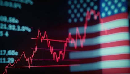The stock trading graph on the background of the US dollar bill and American flag, Generative AI