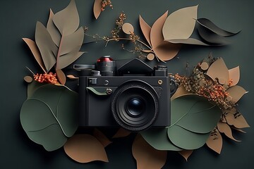 paper art, camera with leaves, dark background, paper art style ai generated