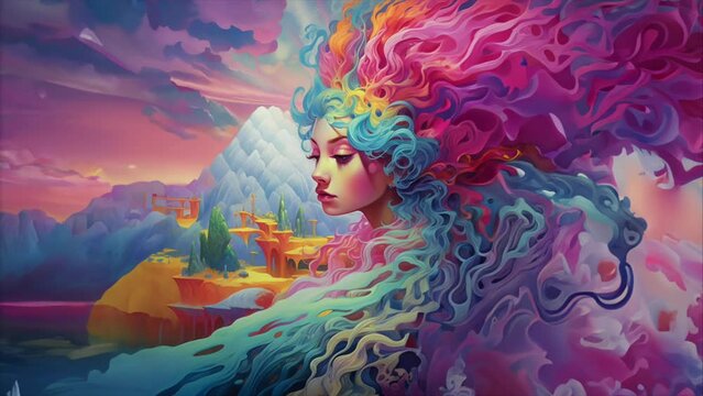 A digital generation of a mystical female nature spirit with floral hair watching over her landscape. Dreamscape. Looping Background