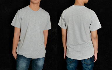 Blank shirt mock up template, front and back view, Asian teenage male model wearing plain grey...