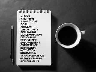 Success in business terms, text words typography written on paperr, life and business motivational...