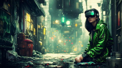 Fototapeta na wymiar Beautiful homeless woman sitting in the middle of a dirty alley surrounded by trash and dirty walls in a dystopian future wearing holographic virtual reality headset. Generative AI