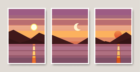 Abstract landscape background with sky, sea, mountain, sun, moon. Modern wall art with sunset, sunrise scene for interior decoration, vector illustration.