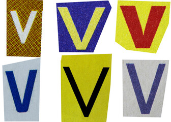 Letter v magazine cut out font, ransom letter, isolated collage elements for text alphabet, ransom note