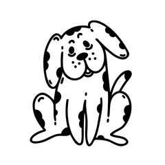 Cute cartoon dog vector icon. Spotted black and white puppy looks surprised and smiles. Cute fluffy pet is sitting. Simple doodle, sketch, line art. Funny clipart for cards, posters, print