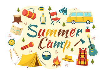 Summer Camp Vector Illustration of Camping and Traveling on Holiday with Equipment such as Tent, Backpack and Others in Flat Cartoon Templates