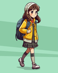 Vector Illustration, A Girl with Backpack walking, Full Body