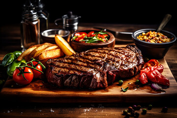 Juicy steak with sides on a brown plate. Dark food photography. Created with generative AI technology.