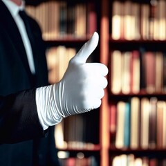 A librarian's gloved hand giving a thumbs-up gesture