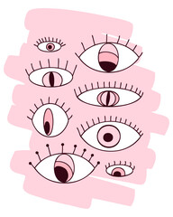 Vertical monochrome print with doodle eyes. Perfect for T-shirt, sticker, poster. Vector illustration for decor and design.