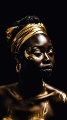 Beautiful African woman with gold makeup. Stunning model woman black and gold. Metallic makeup.	