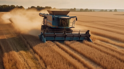 maquina agricola fazendo colheita em lavoura de grãos 