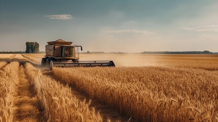 maquina agricola fazendo colheita em lavoura de gr&atilde;os 
