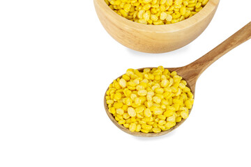 Closeup peeled mung bean in wooden bowl on white background, healthy food concept