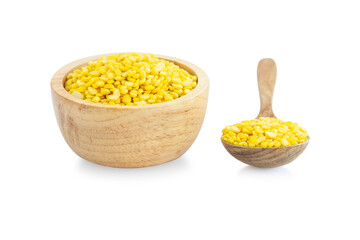 Closeup peeled mung bean in wooden bowl on white background, healthy food concept