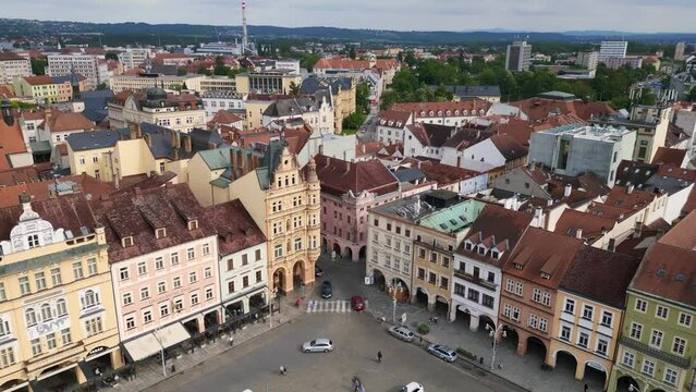 Colorful facade of the old town at the historic market square.
Unbelievable aerial top view flight Budweis Budejovice old town in Czech Republic, summer of 2023. rotation to right drone
4K uhd footage