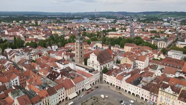 Medieva Tower at the historic market town square Lovely aerial top view flight 
Budweis Budejovice old town in Czech Republic, summer of 2023. panorama overview drone
4K uhd footage.