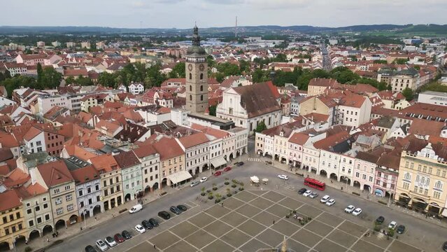 Old Tower at the historic market square Best aerial top view flight 
Budweis Budejovice old town in Czech Republic, summer of 2023. panorama overview drone
4K uhd footage.