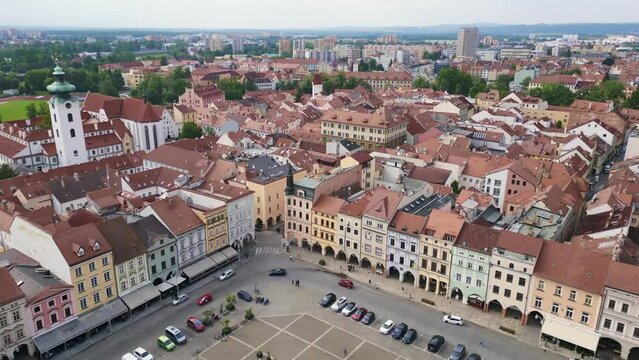 City Hall at the historic market square.
Great aerial top view flight 
Budweis Budejovice old town in Czech Republic, summer of 2023. rotation to right drone
4K uhd footage.