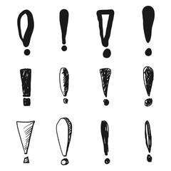 Set of hand drawn exclamation marks. doodle exclamation marks. isolated on black and white. vector illustration