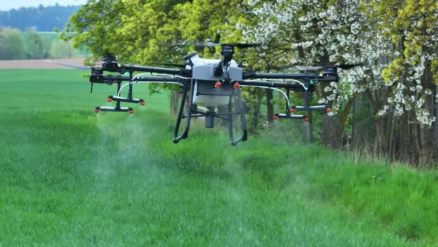 Agriculture Drone Spraying Fertilizer on Green Crops in Farming Field, Close Up