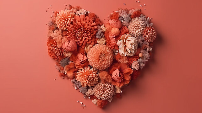 
Live Coral Coral do Ano 2019. Formato de coração feito de flores. Dia dos Namorados. Paleta de cores. Amo moda
