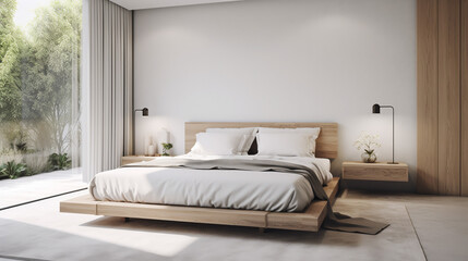 A serene and minimalist master bedroom. The room should have a clean and uncluttered design with light-colored walls, generative ai