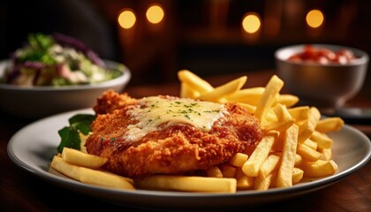 chicken schnitzel Parmigiana with melted cheese served with chips and salad on a white plate, Generative AI