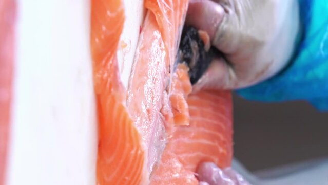 Worker slicing a fillet of salmon at table in a fish shop. Dolly shot. Close up