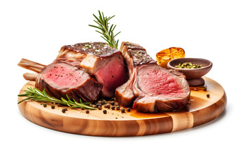 Juicy Tomahawk steak with sides on a brown plate isolated on white background.  Created with generative AI technology.