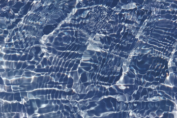 Blue water with ripples on the surface. Defocus blurred transparent blue colored clear calm water surface texture with splashes and bubbles. Water waves with shining pattern texture background.