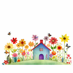 Obraz na płótnie Canvas Drawing Flower Garden with Butterflies 