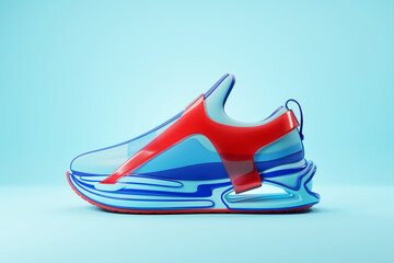 3d illustration of  red-blue  sneakers with foam soles and closure under neon color on a  blue background. Sneakers side view. Fashionable sneakers.