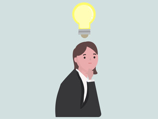 電球を浮かべてアイデアを考えるビジネスウーマン。ベクターイラスト