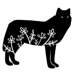 Wolf, dog. Vector animal with floral element. Illustration. Animal silhouette. Black isolated silhouette