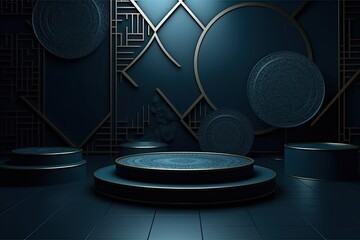 abstract geometric forms, black and blue luxury podium for your design, empty scene for product presentation